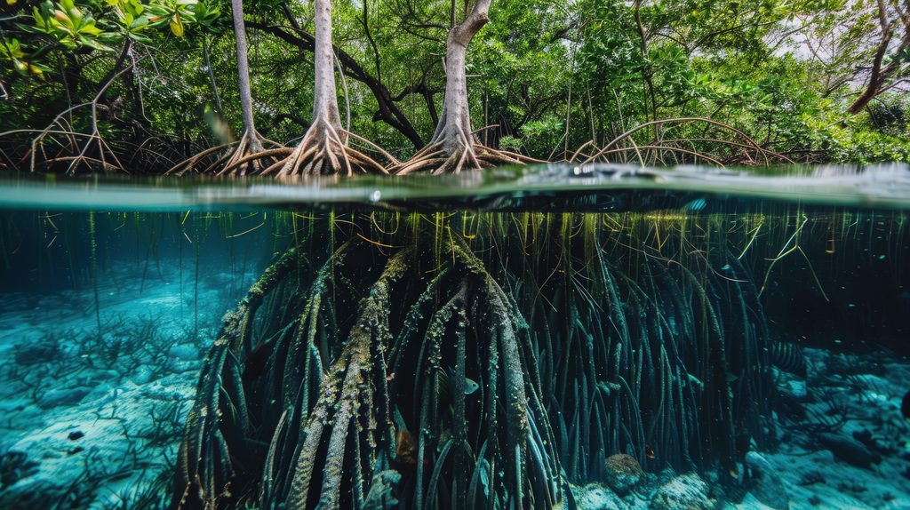 Bottom-up view reveals a lush green mangrove forest canopy showcasing natural carbon sinks that combat climate change and promote sustainability.